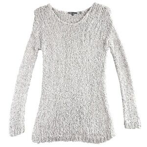Vince Women's Large Knit Sweater Silver‎ Metallic Sparkle Long Sleeve Open Knit